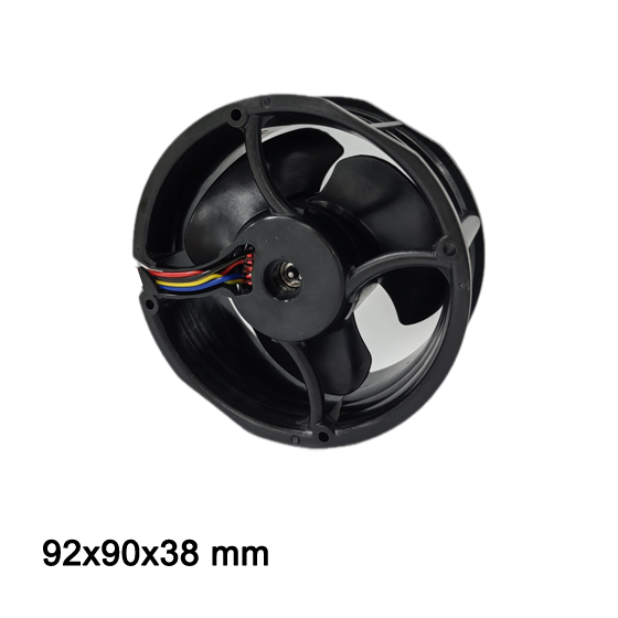 Rear view of 12V DC round fan DA9238H12B 92x38mm showing lead wires and motor support structure.png
